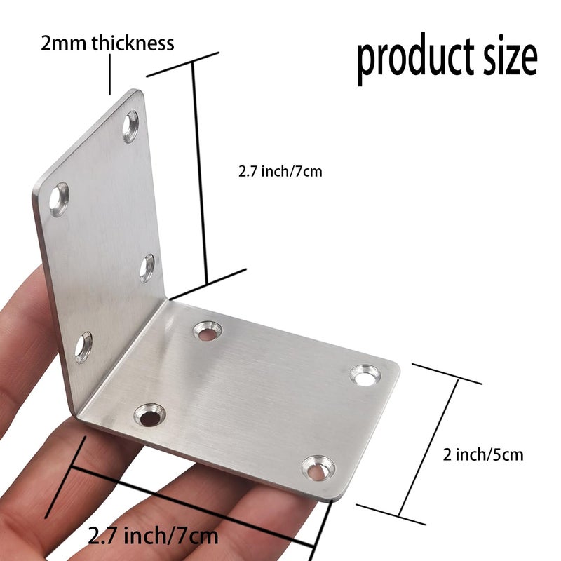 Hyever Stainless Steel L Brackets, 2.7"x2.7"x2" Heavy Duty Corner Braces, 90 Degree Angle Braces for Wood Furniture, Shelves, Beds & DIY Projects, Rust-Resistant Metal Bracket with Screws (Pack of 6) - Image 2